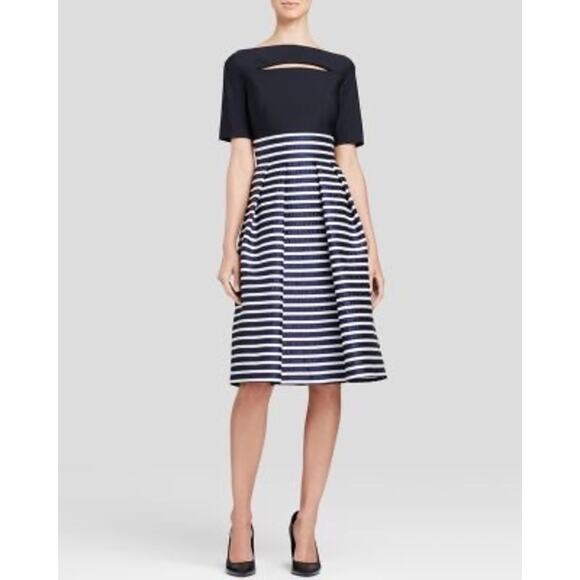 Kay Unger New York Mixed Media Scuba Stripped Fit & Flare Short Sleeve Dress - Picture 1 of 13